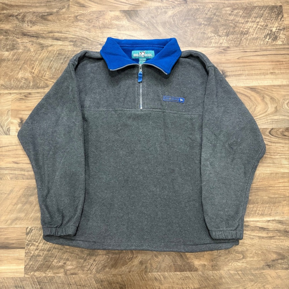 Vintage Y2K Big Dogs Fleece Pullover Mens M Grey Blue 1/4 Zip 90s Sweatshirt